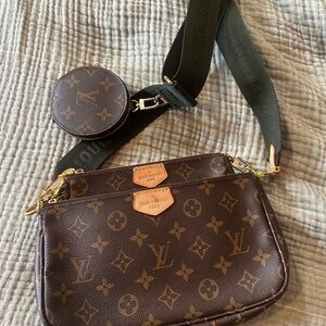 Louis Vuitton Brown Monogram Bag with Green Strap